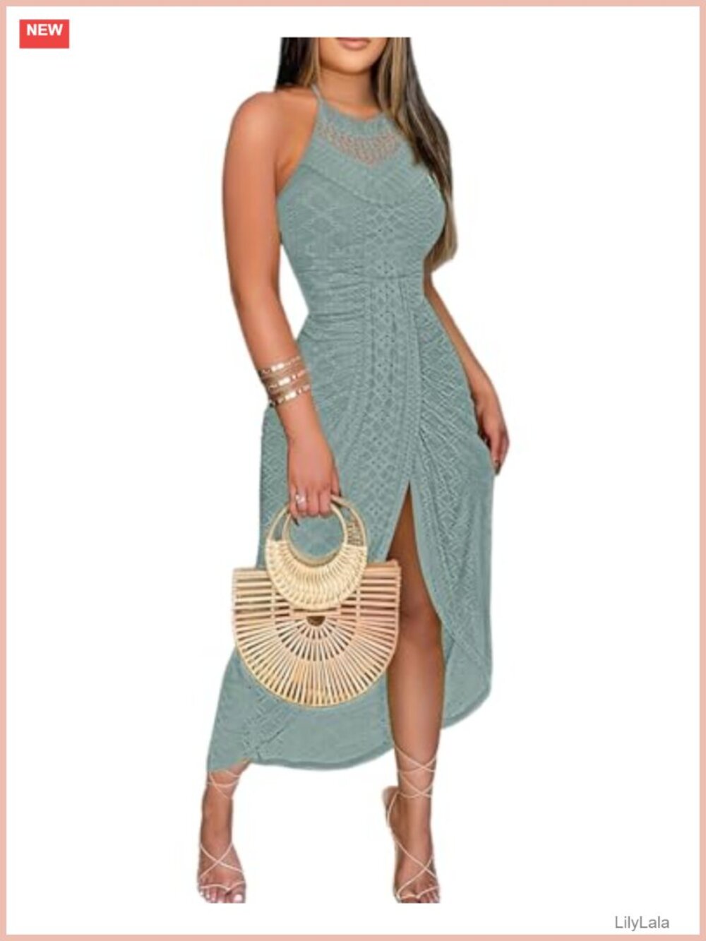 Halter Maxi Dress with Eyelet Embroidery Side Slit Asymmetrical Hem Summer